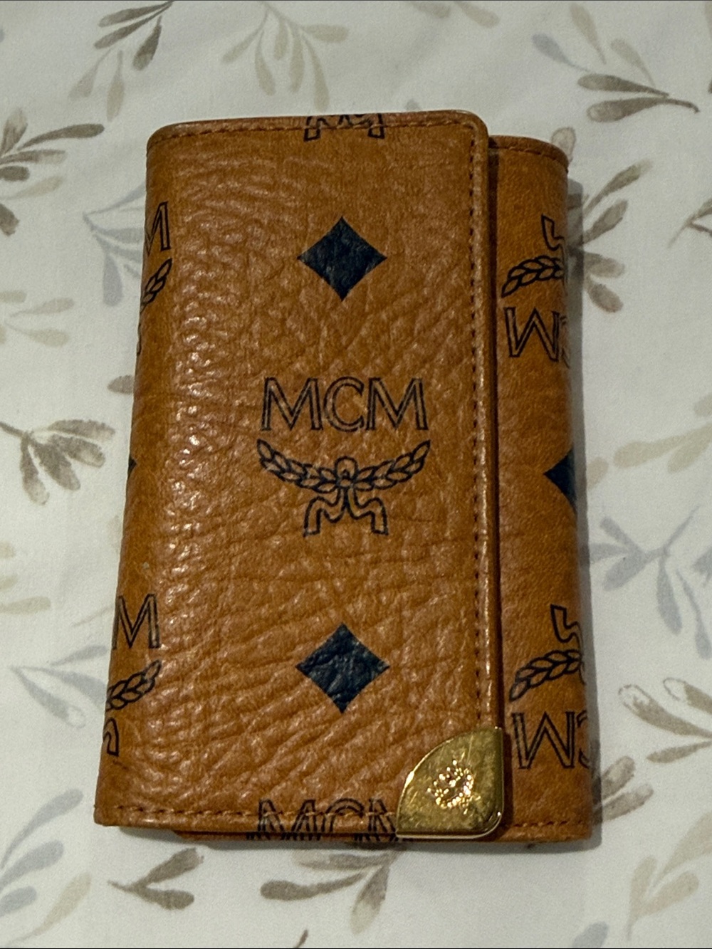 Authentic MCM Cognac Leather Key & Card Holder with Gold Corner Accent